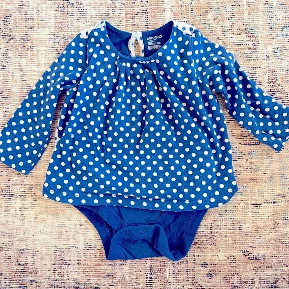 Gap Baby Girl Long Sleeve Layered Onesie Tee Blue Dots 6-12 Months